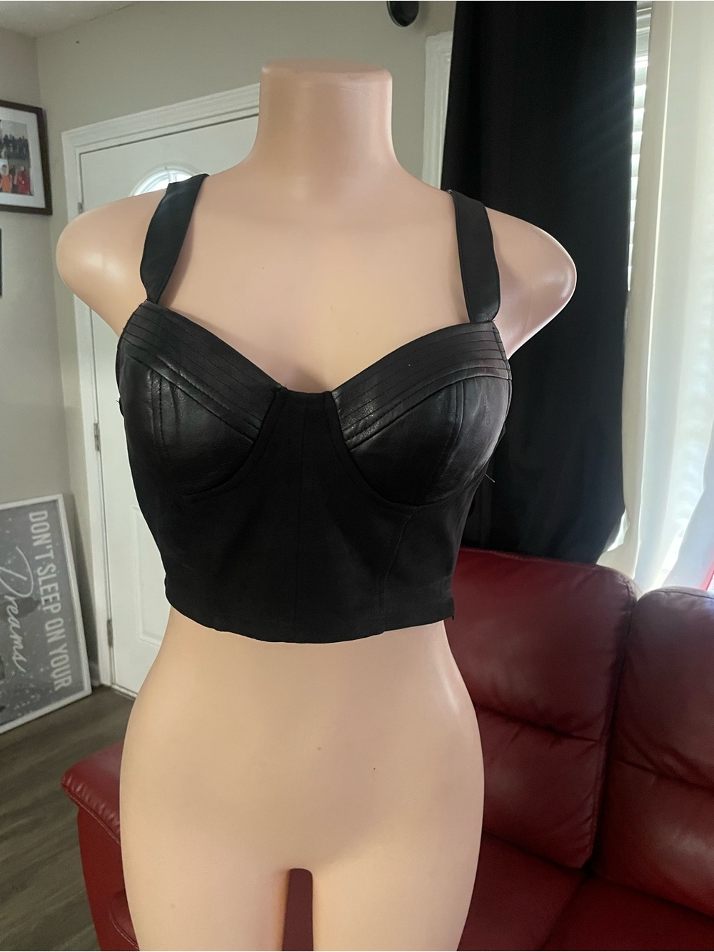 Haunte Monde Small Black Faux Leather Bustier Crop Top - Women Intimates